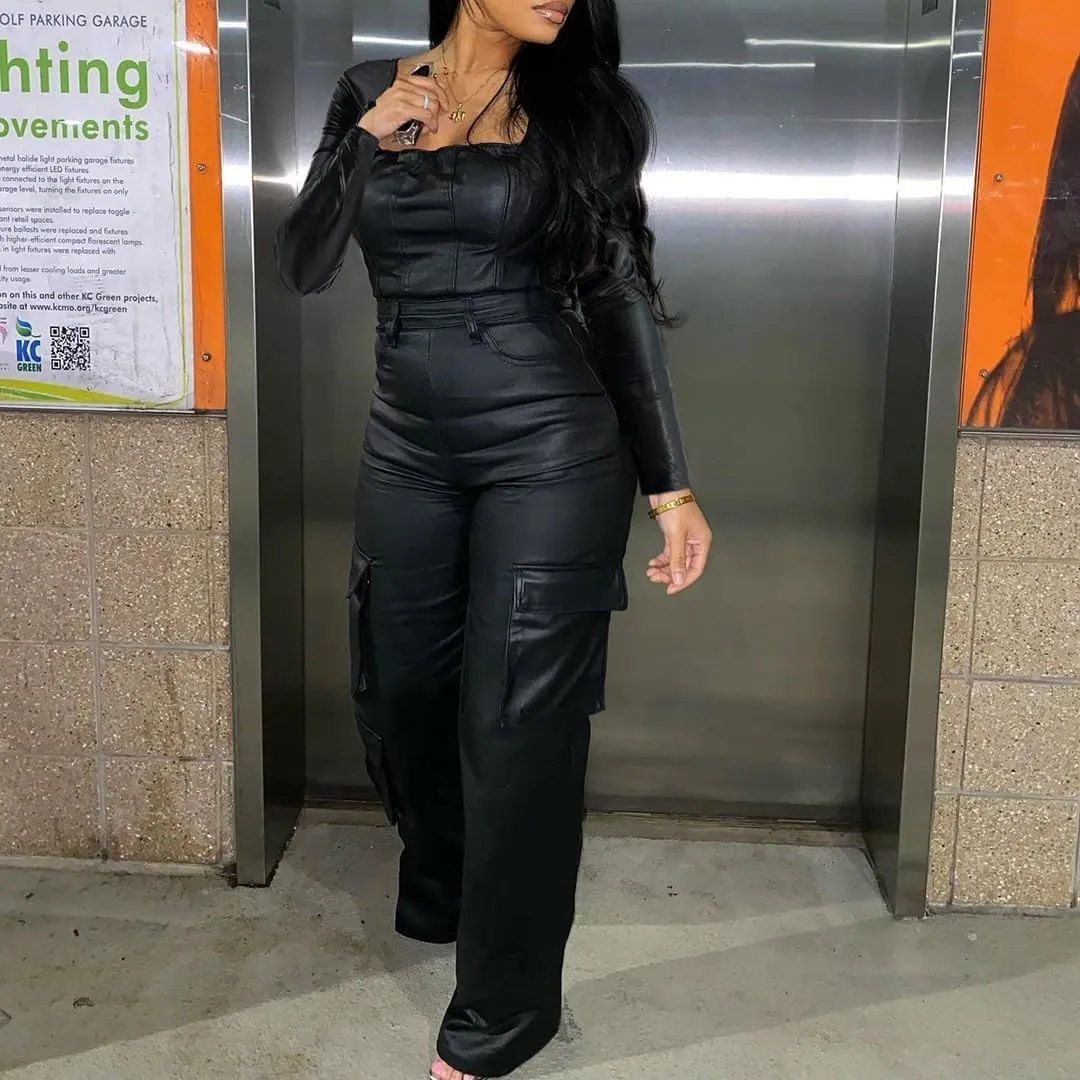 Womens PU Leather Jumpsuit Sexy Long Sleeve Square Neck Tight Waist Cargo Pants One Piece Bodysuit
