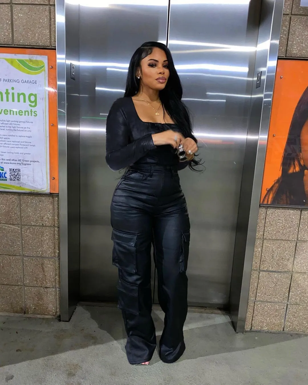 Womens PU Leather Jumpsuit Sexy Long Sleeve Square Neck Tight Waist Cargo Pants One Piece Bodysuit