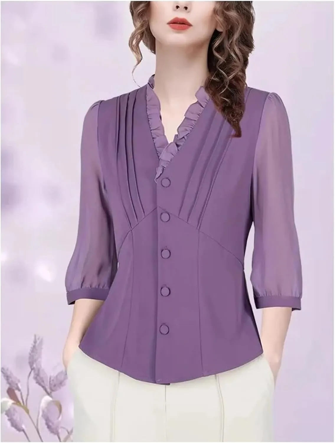 Women's Purple Button-Down Chiffon Blouses Top Ruffled V-Neck Three Quarter Sleeves Slim Casual Shirts