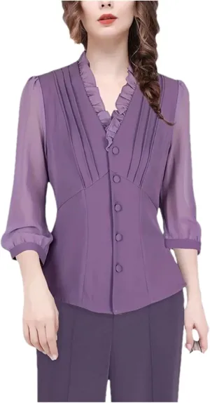 Women's Purple Button-Down Chiffon Blouses Top Ruffled V-Neck Three Quarter Sleeves Slim Casual Shirts