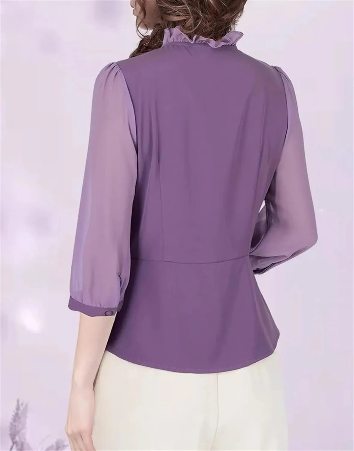Women's Purple Button-Down Chiffon Blouses Top Ruffled V-Neck Three Quarter Sleeves Slim Casual Shirts