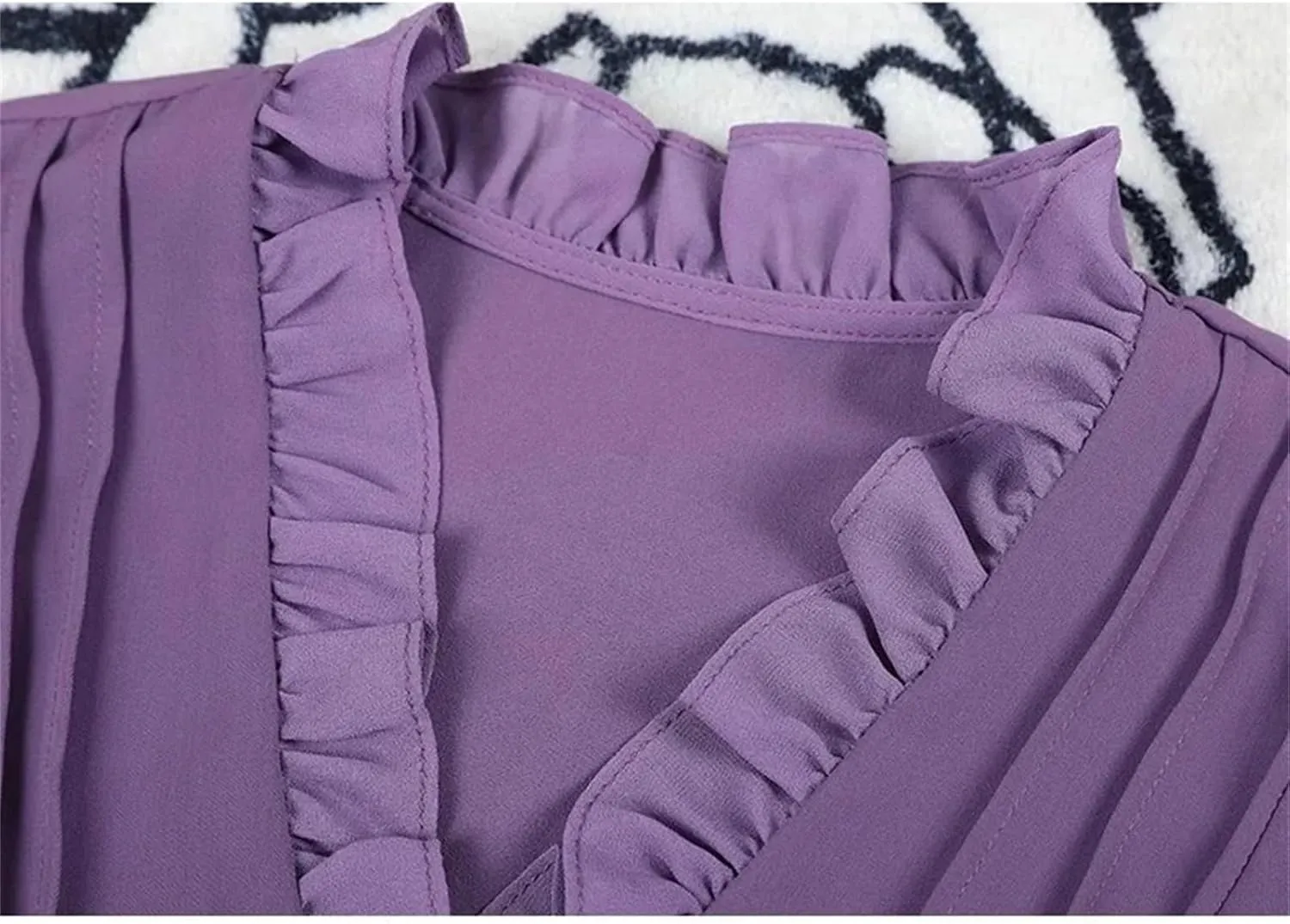 Women's Purple Button-Down Chiffon Blouses Top Ruffled V-Neck Three Quarter Sleeves Slim Casual Shirts
