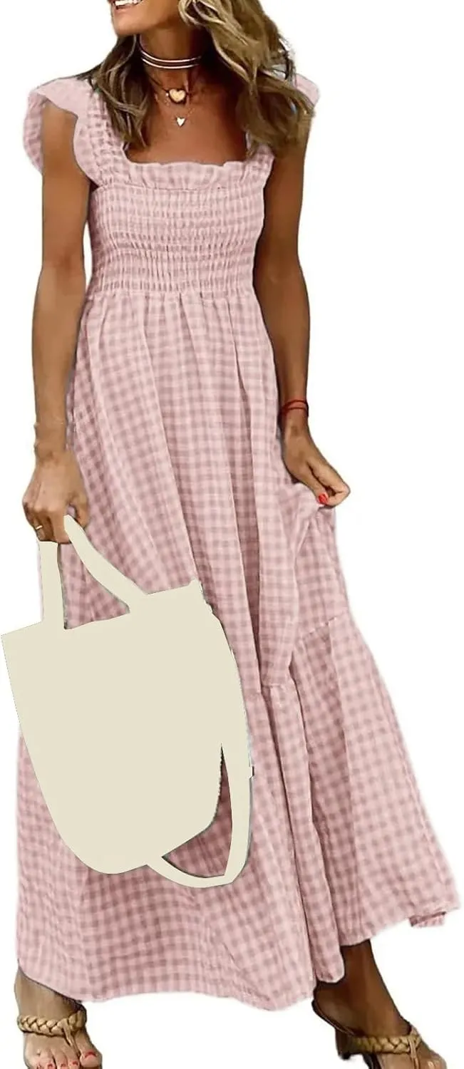Women's Retro Plaid Smocked Dress Casual Summer Spaghetti Strap Square Neck Maxi Dress Flowy A-Line Long Beach Sundress