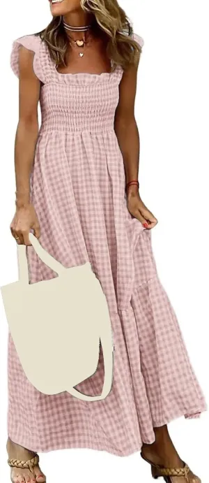 Women's Retro Plaid Smocked Dress Casual Summer Spaghetti Strap Square Neck Maxi Dress Flowy A-Line Long Beach Sundress