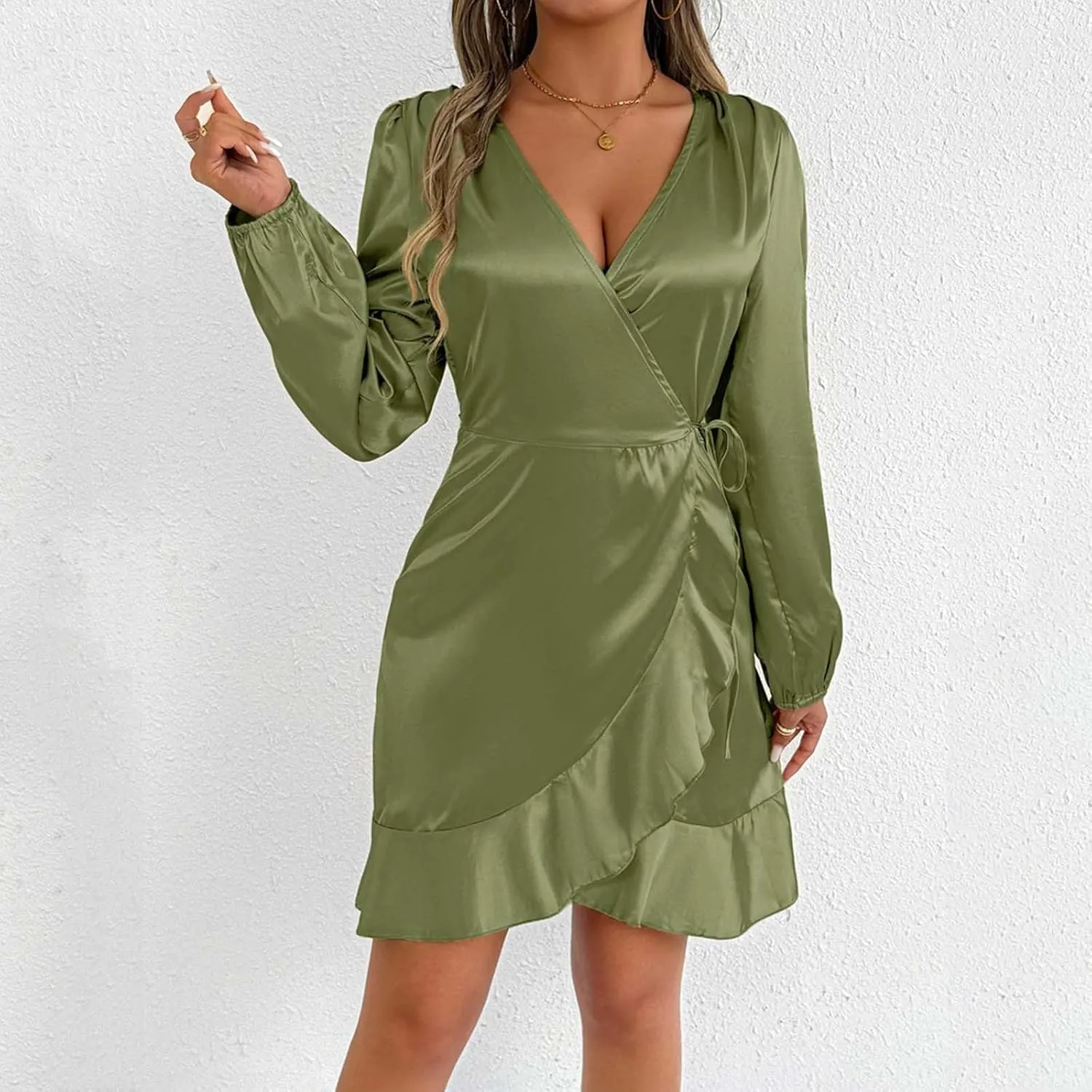 Women's Satin Sexy V Neck Long Sleeve Dress Casual Ruched Lace Up Dresses Trendy Summer Cocktail Party Short Dress