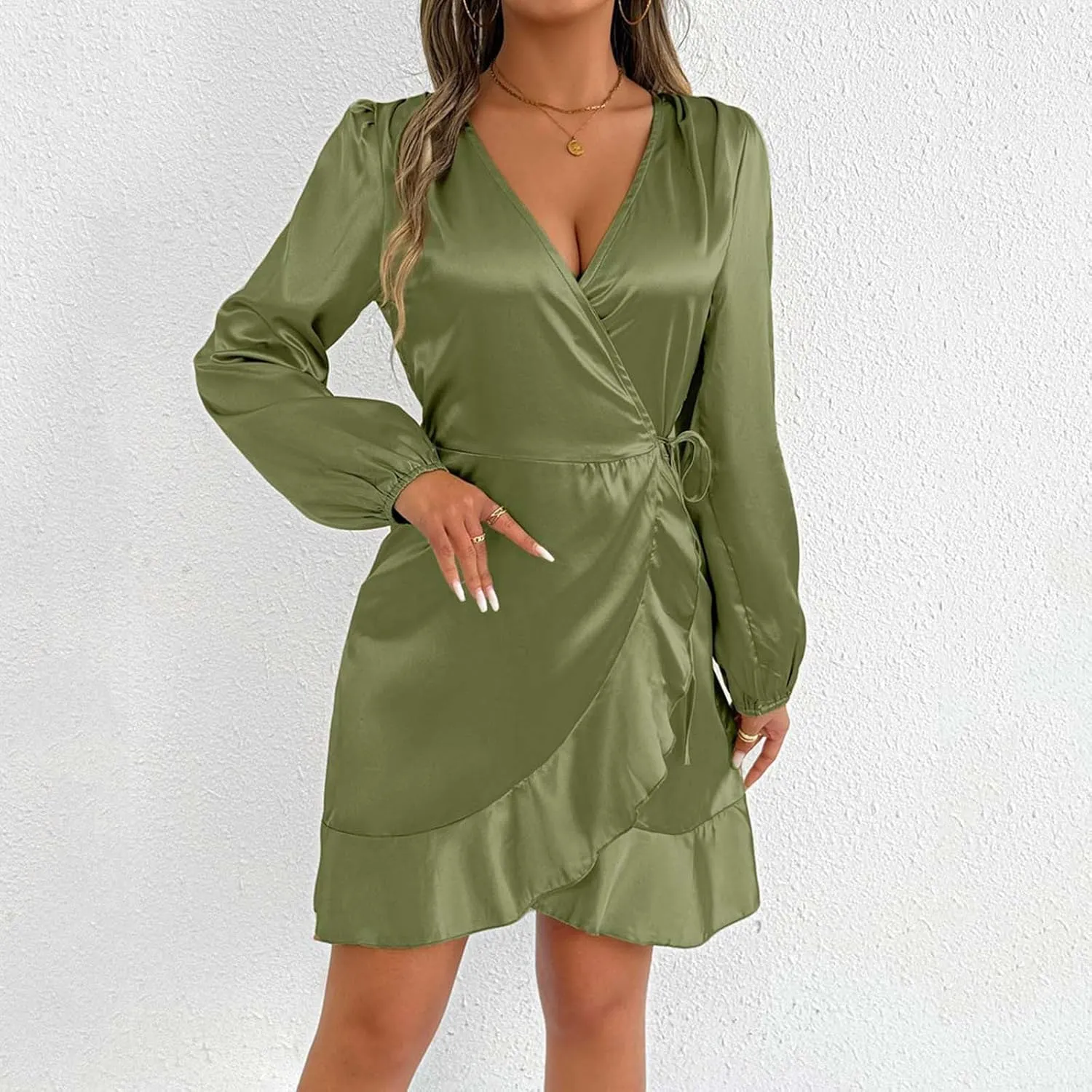 Women's Satin Sexy V Neck Long Sleeve Dress Casual Ruched Lace Up Dresses Trendy Summer Cocktail Party Short Dress