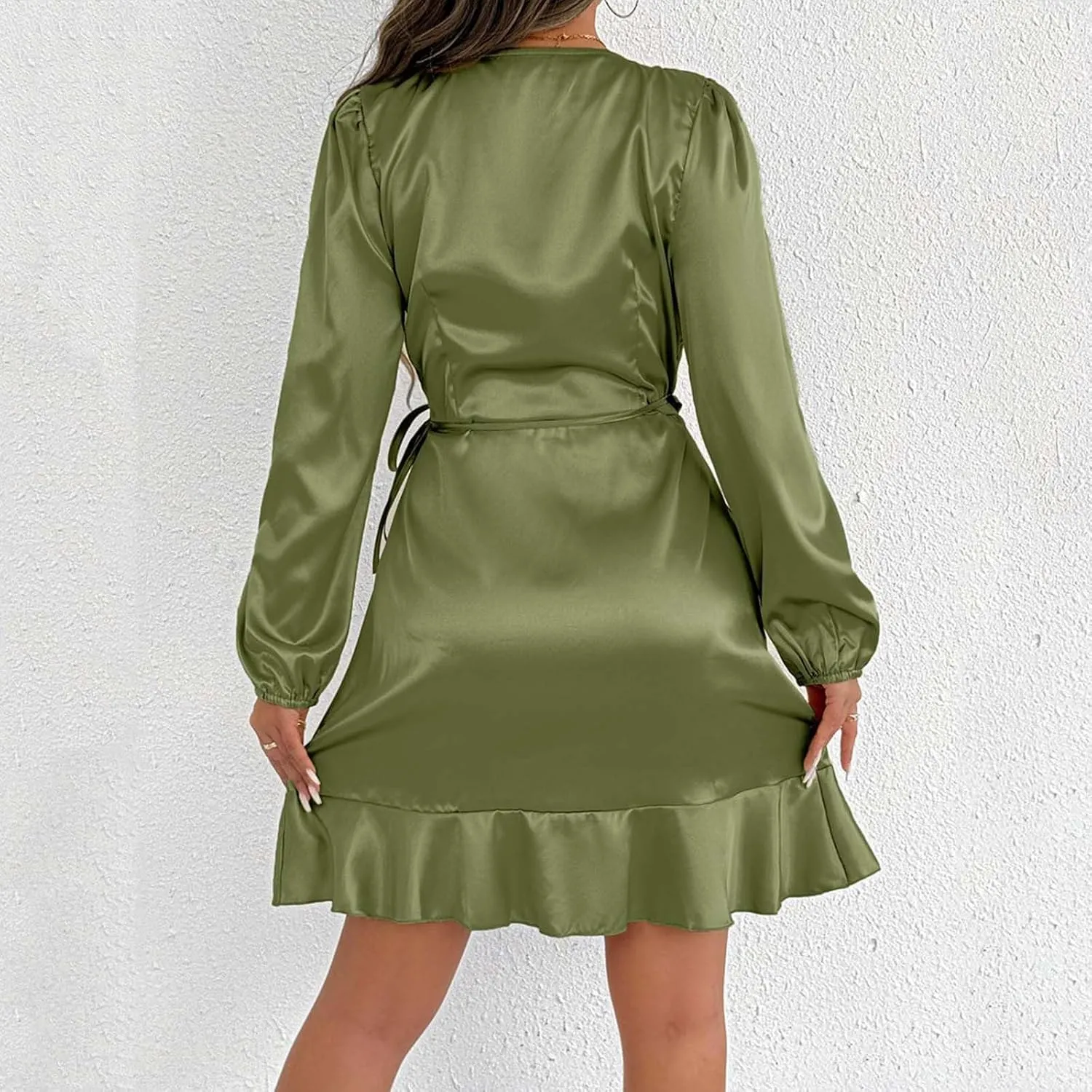 Women's Satin Sexy V Neck Long Sleeve Dress Casual Ruched Lace Up Dresses Trendy Summer Cocktail Party Short Dress