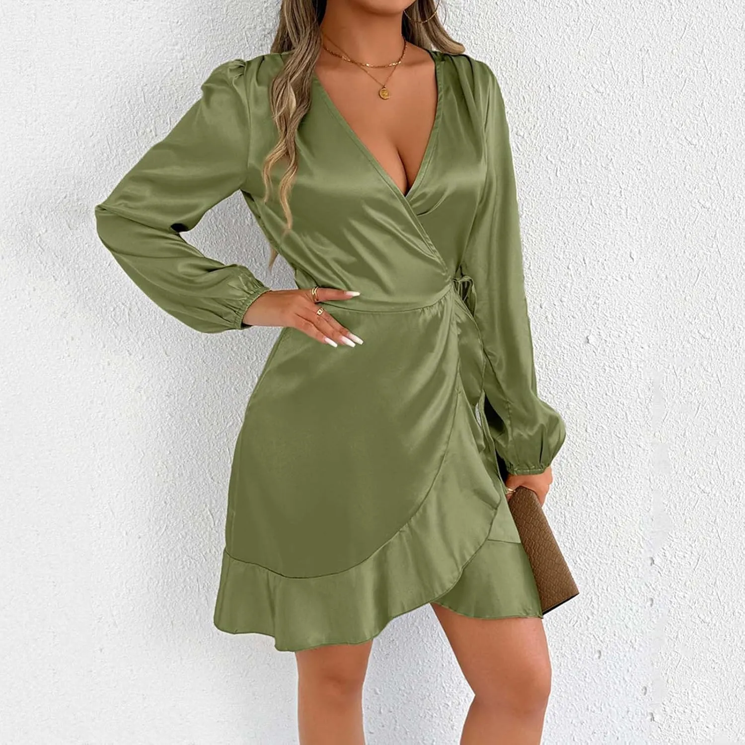 Women's Satin Sexy V Neck Long Sleeve Dress Casual Ruched Lace Up Dresses Trendy Summer Cocktail Party Short Dress