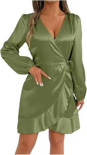 Women's Satin Sexy V Neck Long Sleeve Dress Casual Ruched Lace Up Dresses Trendy Summer Cocktail Party Short Dress