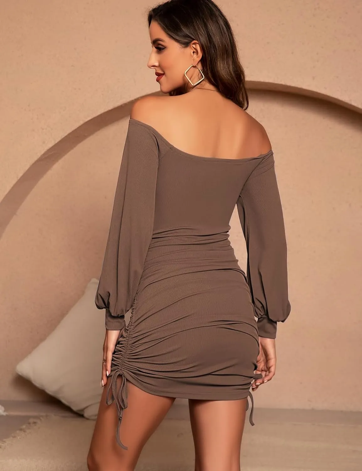 Women's Sexy Off Shoulder Long Sleeve Ruched Bodycon Sexy Mini Dress Side Drawstring Club Party Short Dresses