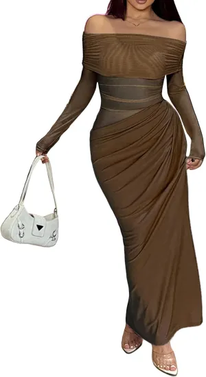 Women's Sexy Off The Shoulder Mesh Maxi Dress Long Sleeve See Through Ruched Party Club Bodycon Long Dresses