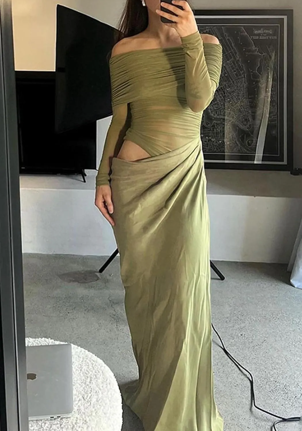 Women's Sexy Off The Shoulder Mesh Maxi Dress Long Sleeve See Through Ruched Party Club Bodycon Long Dresses