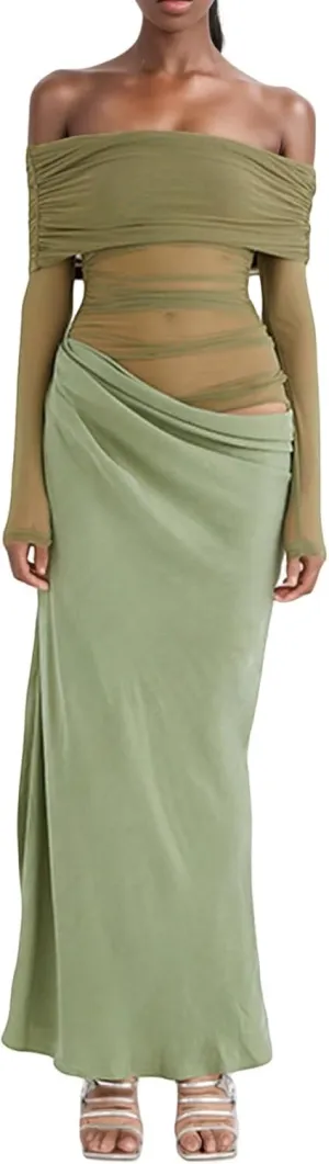 Women's Sexy Off The Shoulder Mesh Maxi Dress Long Sleeve See Through Ruched Party Club Bodycon Long Dresses