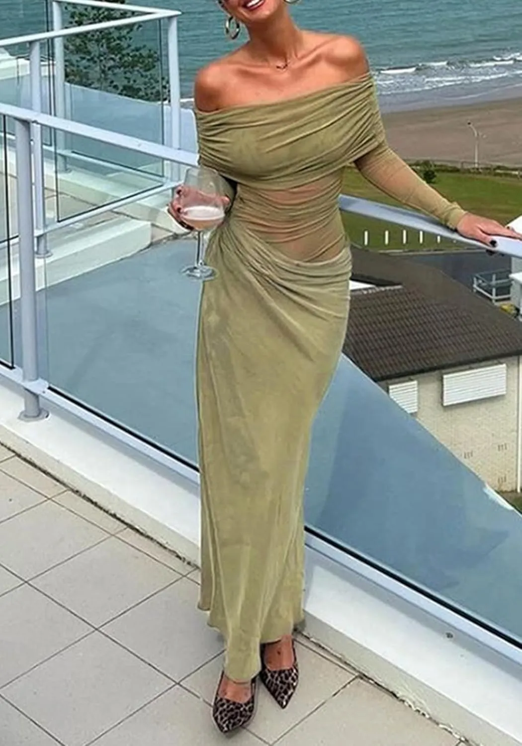 Women's Sexy Off The Shoulder Mesh Maxi Dress Long Sleeve See Through Ruched Party Club Bodycon Long Dresses