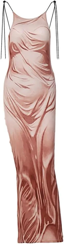 Women's Sexy Spaghetti Strap 3D Print Bodycon Maxi Dress Slim Fit Backless Summer Long Dresses