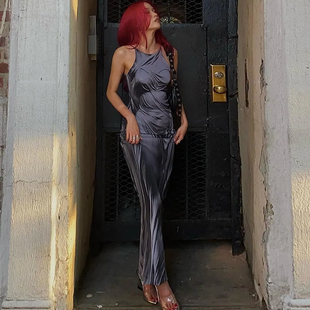 Women's Sexy Spaghetti Strap 3D Print Bodycon Maxi Dress Slim Fit Backless Summer Long Dresses