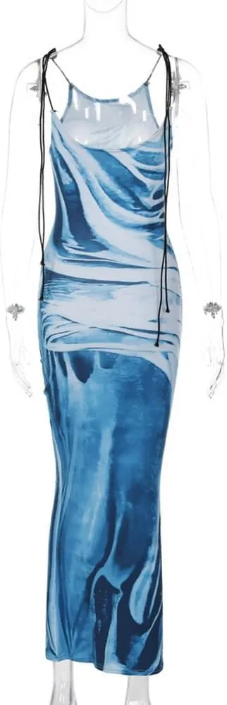 Women's Sexy Spaghetti Strap 3D Print Bodycon Maxi Dress Slim Fit Backless Summer Long Dresses