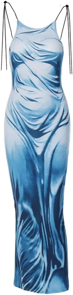 Women's Sexy Spaghetti Strap 3D Print Bodycon Maxi Dress Slim Fit Backless Summer Long Dresses