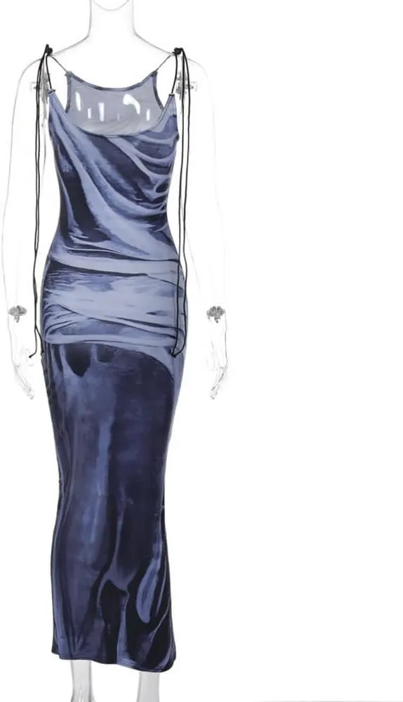 Women's Sexy Spaghetti Strap 3D Print Bodycon Maxi Dress Slim Fit Backless Summer Long Dresses