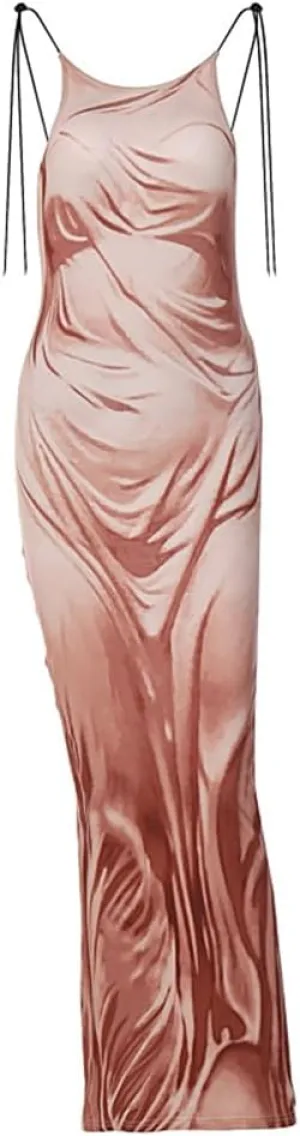 Women's Sexy Spaghetti Strap 3D Print Bodycon Maxi Dress Slim Fit Backless Summer Long Dresses
