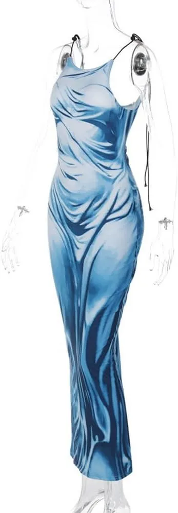 Women's Sexy Spaghetti Strap 3D Print Bodycon Maxi Dress Slim Fit Backless Summer Long Dresses