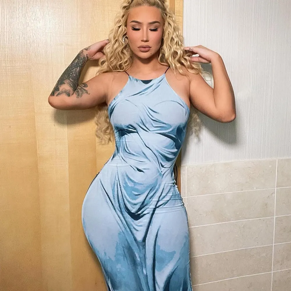 Women's Sexy Spaghetti Strap 3D Print Bodycon Maxi Dress Slim Fit Backless Summer Long Dresses