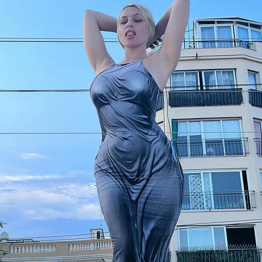 Women's Sexy Spaghetti Strap 3D Print Bodycon Maxi Dress Slim Fit Backless Summer Long Dresses