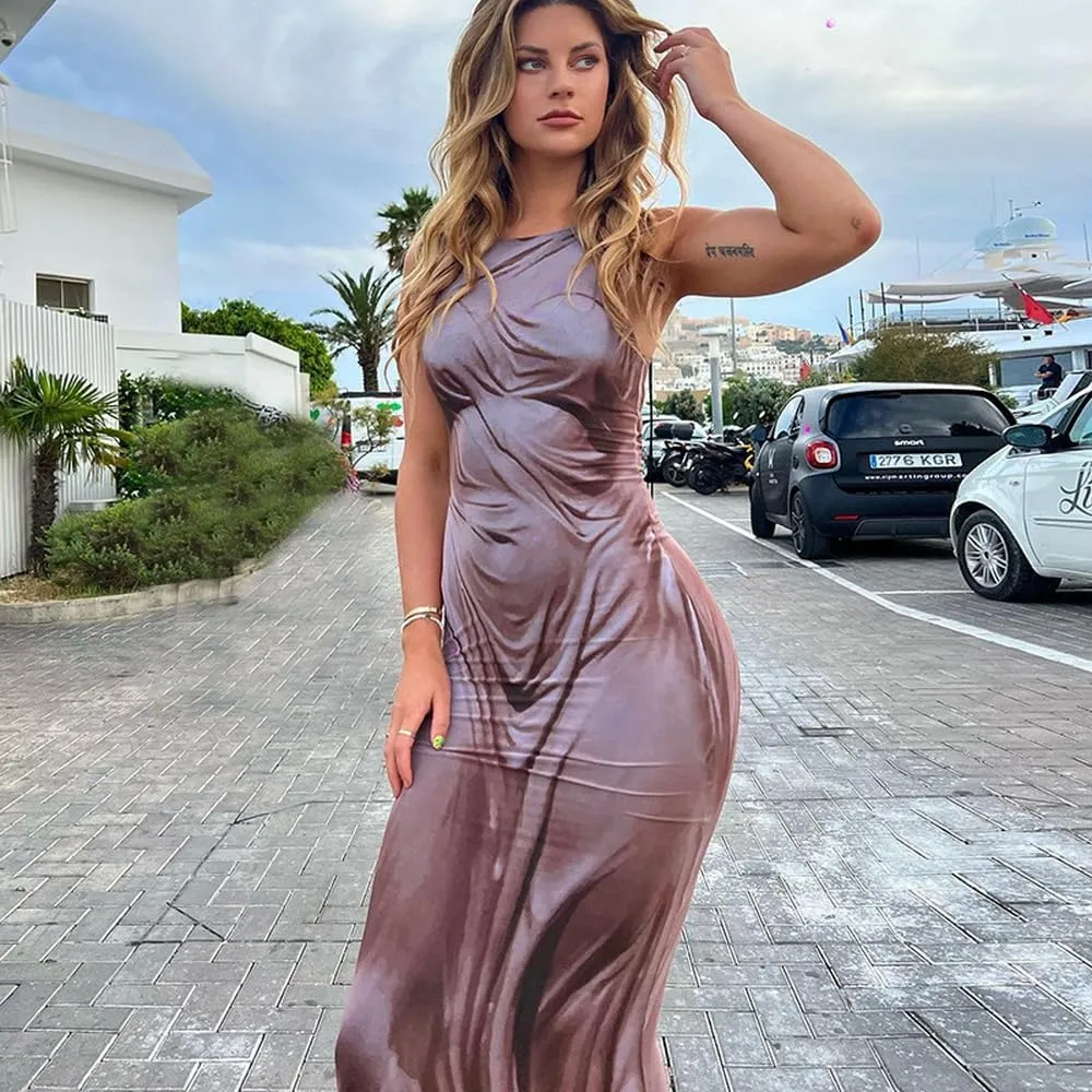 Women's Sexy Spaghetti Strap 3D Print Bodycon Maxi Dress Slim Fit Backless Summer Long Dresses