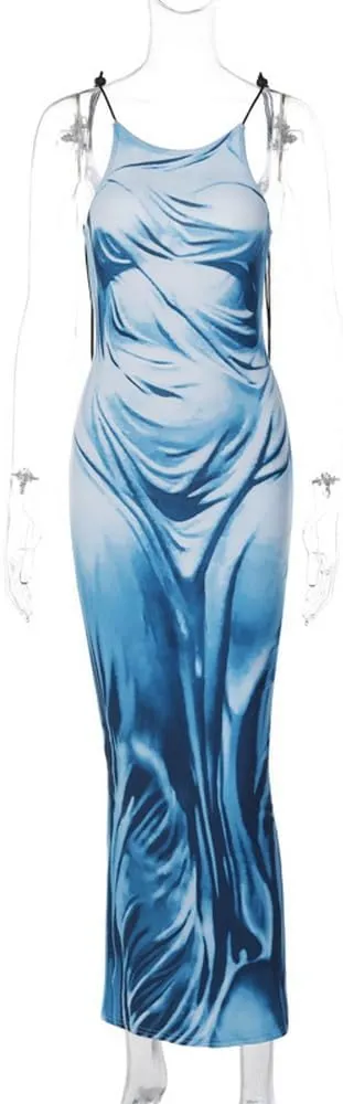 Women's Sexy Spaghetti Strap 3D Print Bodycon Maxi Dress Slim Fit Backless Summer Long Dresses