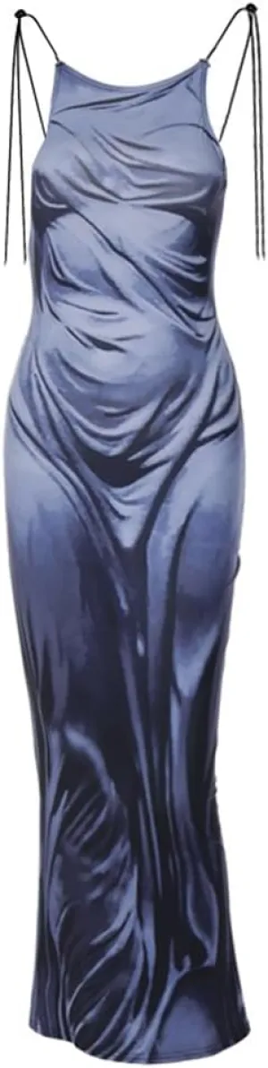 Women's Sexy Spaghetti Strap 3D Print Bodycon Maxi Dress Slim Fit Backless Summer Long Dresses