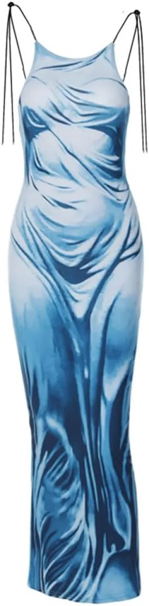 Women's Sexy Spaghetti Strap 3D Print Bodycon Maxi Dress Slim Fit Backless Summer Long Dresses
