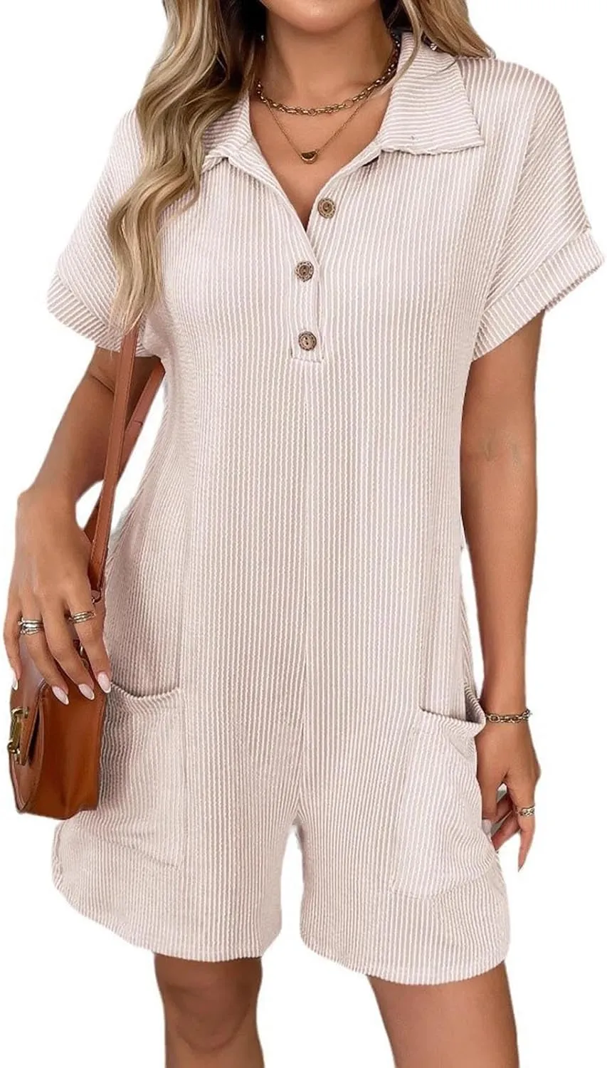Womens Short Jumpsuits Solid Color Summer Casual Ribbed Knit Button Front V Neck Short Sleeve Rompers with Pockets