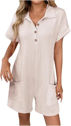 Womens Short Jumpsuits Solid Color Summer Casual Ribbed Knit Button Front V Neck Short Sleeve Rompers with Pockets
