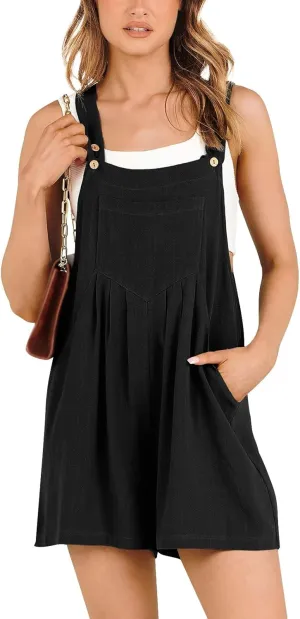 Women's Short Overalls 2024 Summer Romper Casual Linen Adjustable Straps Loose Bib Overalls Jumpsuit with Pockets