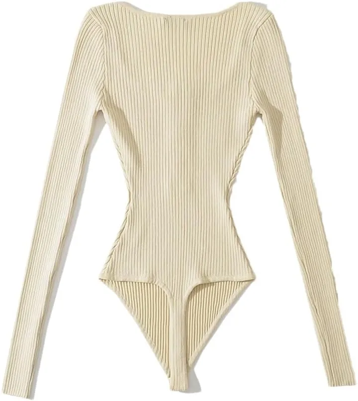 Women's Skinny Square Neck Half Zip Long Sleeve Top Jumpsuit Solid Pullover Bodysuit Knitted Jumpsuit