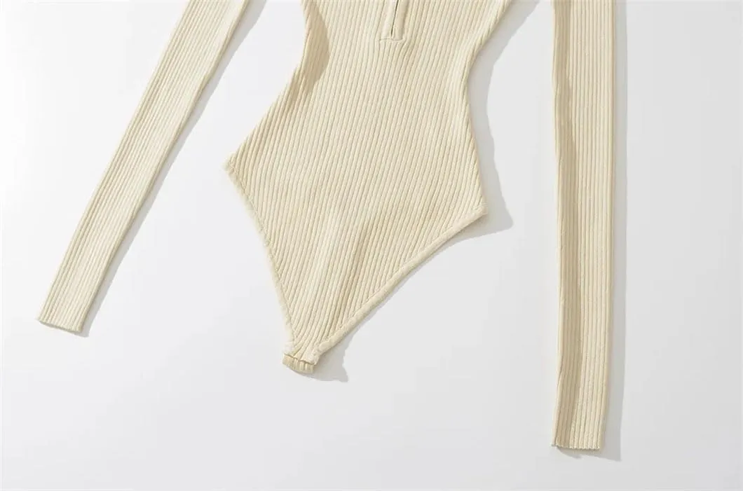 Women's Skinny Square Neck Half Zip Long Sleeve Top Jumpsuit Solid Pullover Bodysuit Knitted Jumpsuit