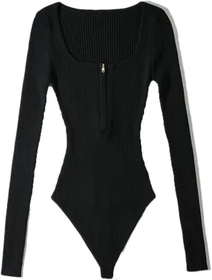 Women's Skinny Square Neck Half Zip Long Sleeve Top Jumpsuit Solid Pullover Bodysuit Knitted Jumpsuit
