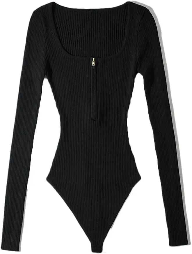 Women's Skinny Square Neck Half Zip Long Sleeve Top Jumpsuit Solid Pullover Bodysuit Knitted Jumpsuit