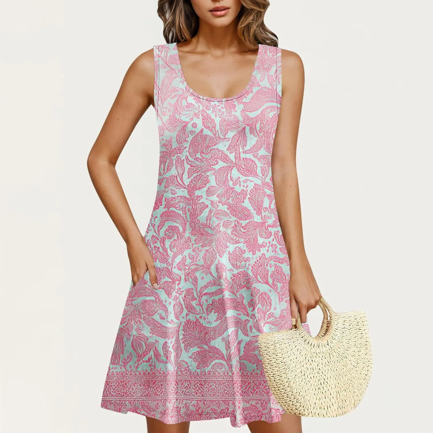 Women's Sleeveless Beach Dresses Loose Swimsuit Cover Ups Vacation Dresses Floral Flowy Mini Dress Trendy Dresses
