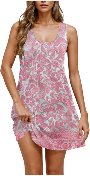 Women's Sleeveless Beach Dresses Loose Swimsuit Cover Ups Vacation Dresses Floral Flowy Mini Dress Trendy Dresses