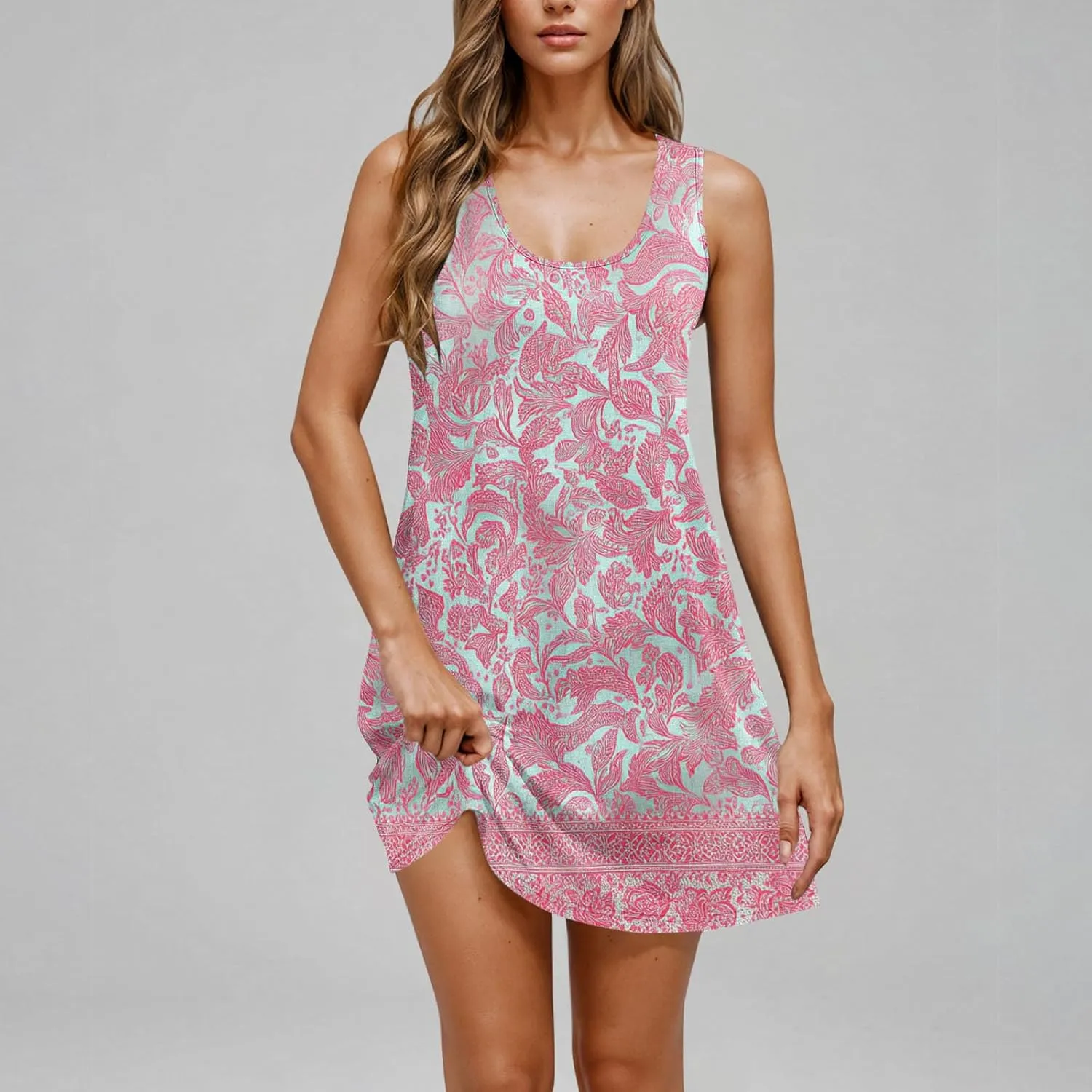 Women's Sleeveless Beach Dresses Loose Swimsuit Cover Ups Vacation Dresses Floral Flowy Mini Dress Trendy Dresses