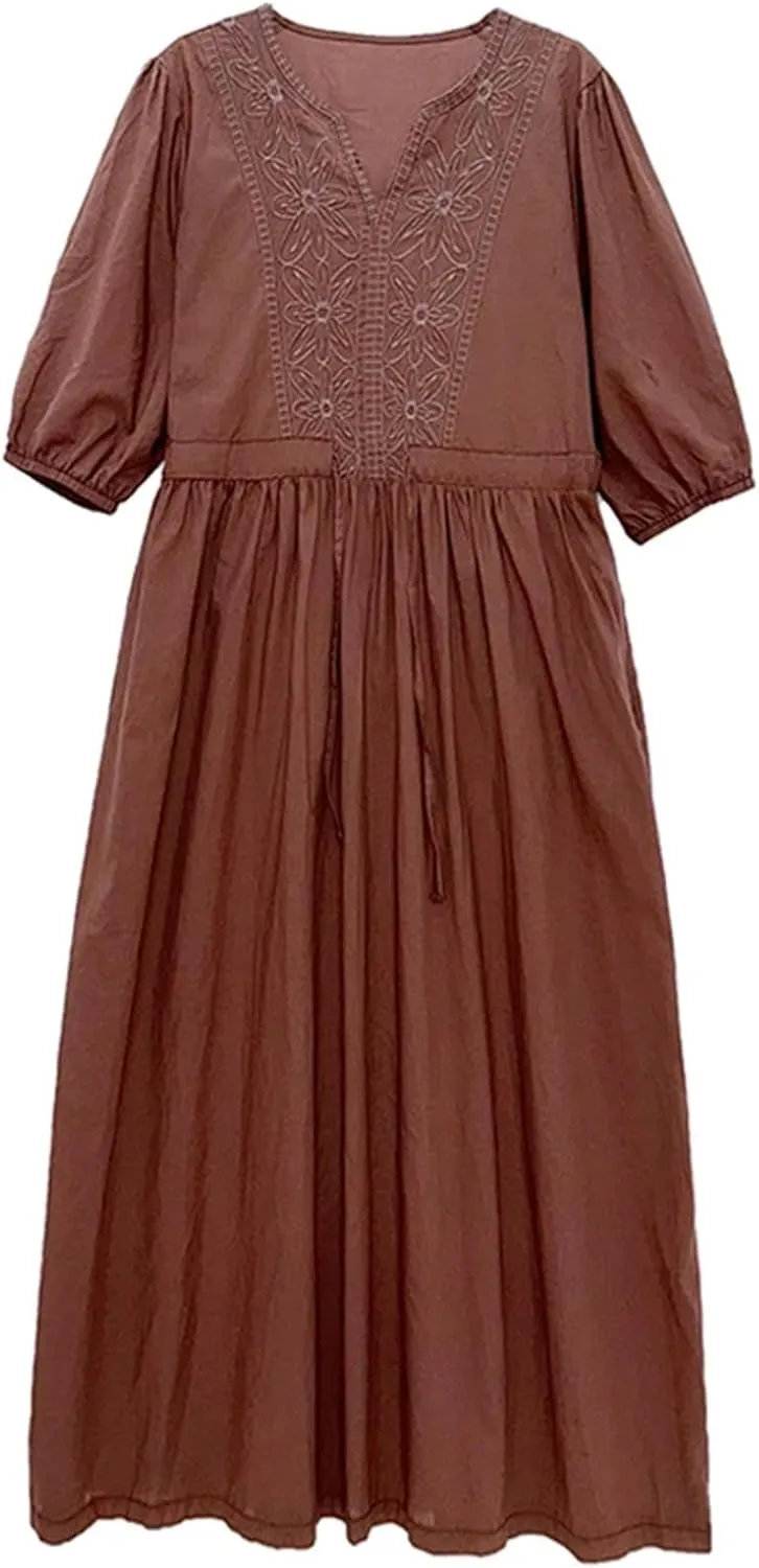 Women's Slim Cotton Embroidery Floral Dress Vintage Loose Casual V-Neck Half Sleeve Dress
