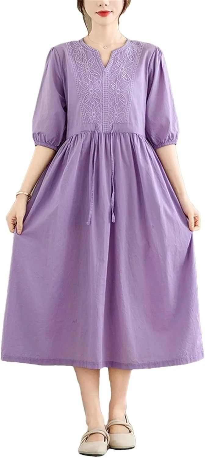 Women's Slim Cotton Embroidery Floral Dress Vintage Loose Casual V-Neck Half Sleeve Dress