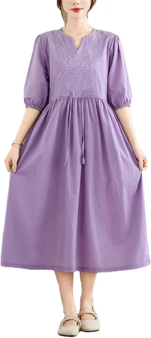 Women's Slim Cotton Embroidery Floral Dress Vintage Loose Casual V-Neck Half Sleeve Dress