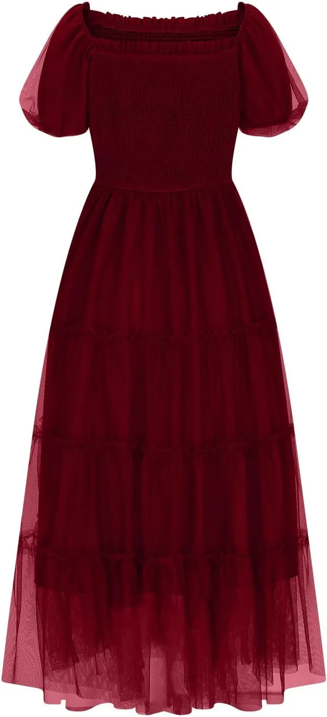 Women's Smocked Midi Tulle Dress 2025 Summer Puffy Short Sleeve Square Neck Dress Ruffle Wedding Guest Party Dresses