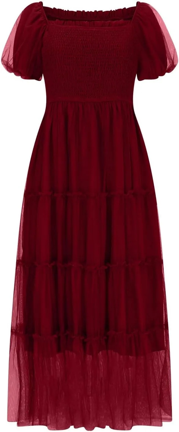 Women's Smocked Midi Tulle Dress 2025 Summer Puffy Short Sleeve Square Neck Dress Ruffle Wedding Guest Party Dresses