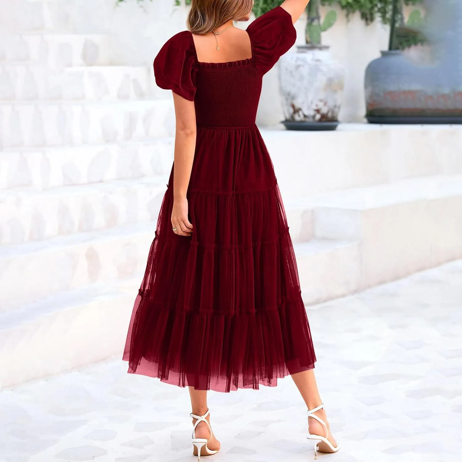Women's Smocked Midi Tulle Dress 2025 Summer Puffy Short Sleeve Square Neck Dress Ruffle Wedding Guest Party Dresses