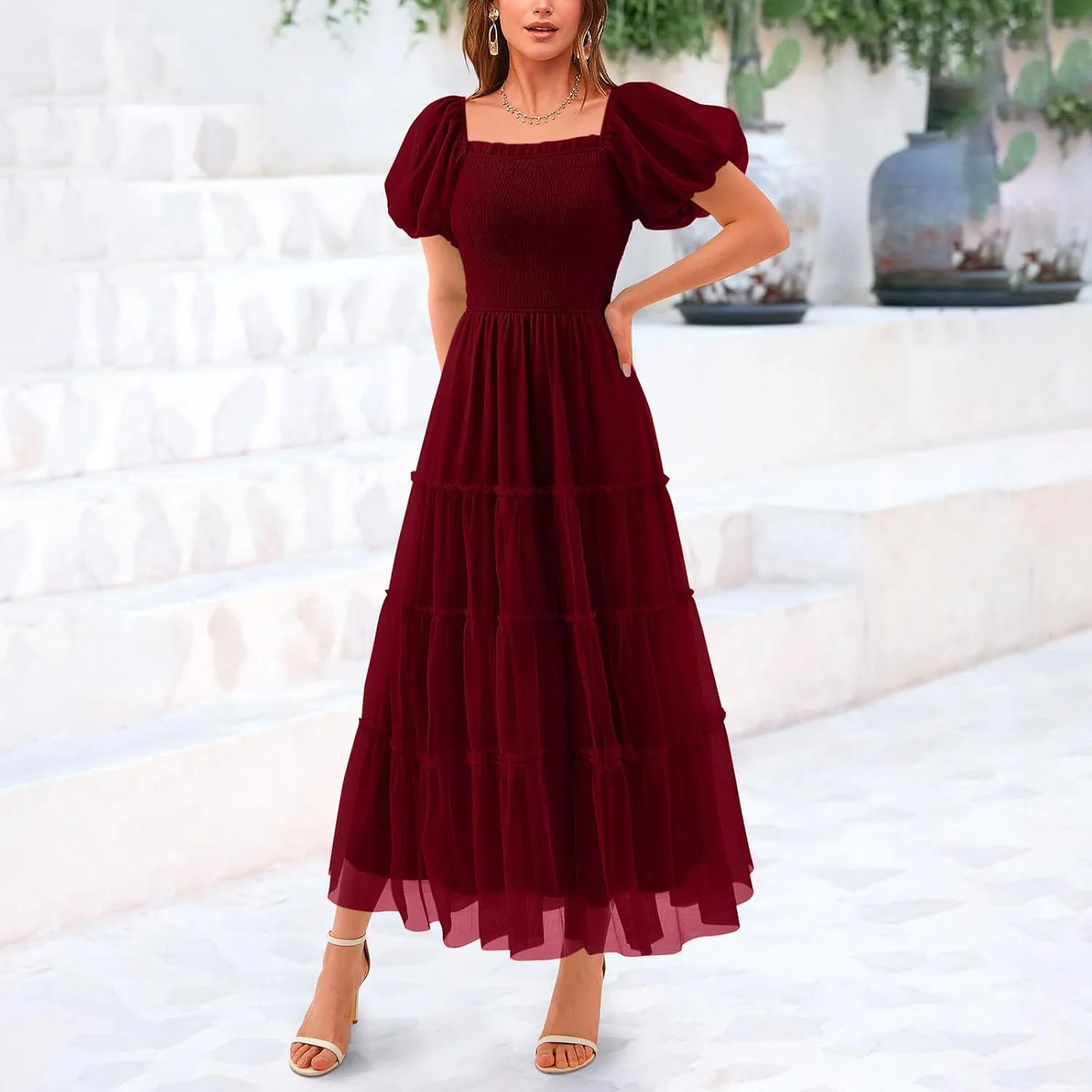 Women's Smocked Midi Tulle Dress 2025 Summer Puffy Short Sleeve Square Neck Dress Ruffle Wedding Guest Party Dresses