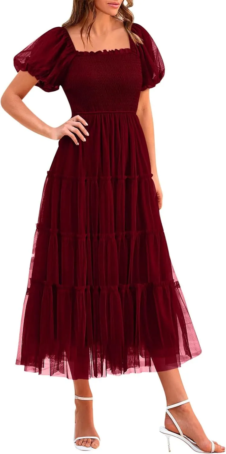 Women's Smocked Midi Tulle Dress 2025 Summer Puffy Short Sleeve Square Neck Dress Ruffle Wedding Guest Party Dresses