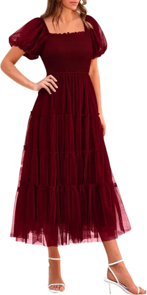 Women's Smocked Midi Tulle Dress 2025 Summer Puffy Short Sleeve Square Neck Dress Ruffle Wedding Guest Party Dresses